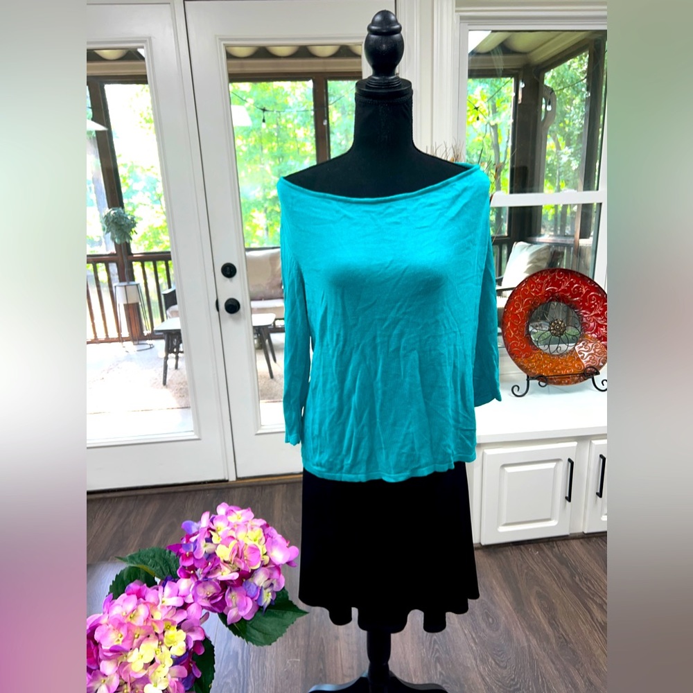 Women’s sweater size L, 3/4 sleeves, turquoise blue green cowl neck spring top